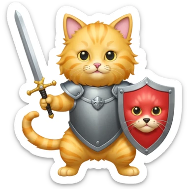 Yellow cat holding a sword jumping to attack a grey poodle holding a shield in defense  sticker