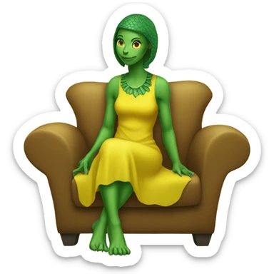 alien reptilian woman in jellow dress, sitting on a couch  sticker