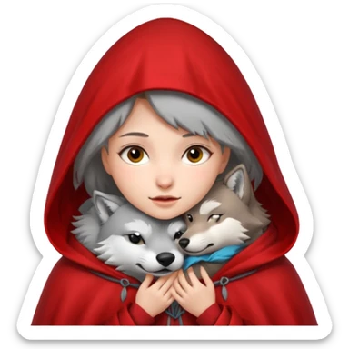 Niña del cuento de caperucita roja acariciando la cabeza de un lobo macho sticker