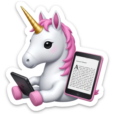 Unicorno peluche bianco con corno rosa brillantato con sulla testa un paio di cuffie e un Amazon Kindle in mano sticker
