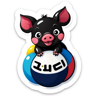 A black piglet lying on 4 balls with "luck” written on it in korean style sticker