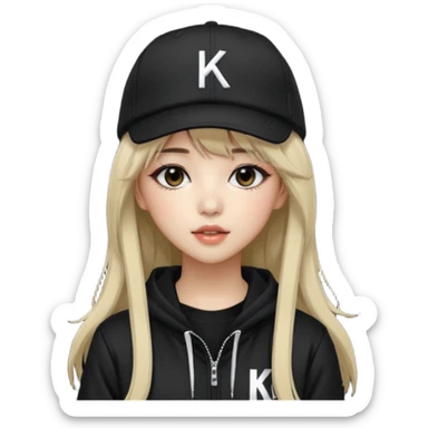 Portrait of a female K-pop idol, wearing a stylish streetwear outfit with layered clothing, long hair with bangs, makeup, wearing a black cap sticker