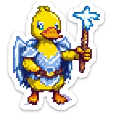 pixel art duck wielding Mjolnir with a lightning rod, no armor, plain yellow duck sticker