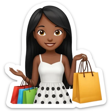 black girl with long straight hair and white dress with black dots holding shopping bags  sticker