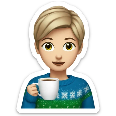 Light brown short haired girl with green eyes drinking coffee wearing blue Christmas sweater sticker