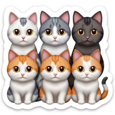 4 different coloured short haired cats including; a dark brown and white cat, and a dark grey and white, and a calico sticker