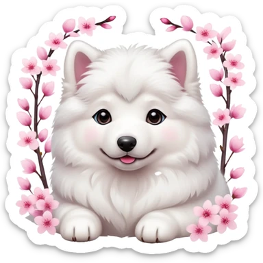A cute  little  white Samoye and cherry blossom sticker
