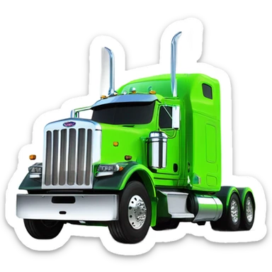 neon green peterbilt semi truck lowered on the ground with large chrome wheels and chrome smoke stacks sticker