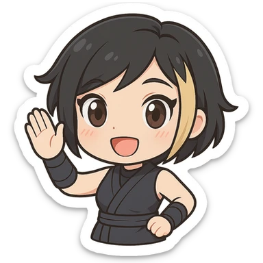 Make this exact chibi ninja girl wave upward, keeping the same anime chibi style, face, outfit, and colors. Only change the arm position for animation. Transparent background, sized for Twitch emoji use. sticker