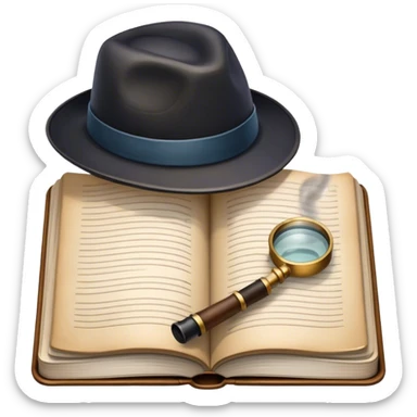 Icon for Detective Reading: an open book with a magnifying glass, a detective’s hat, and a notebook with clues, surrounded by dark shadows and mysterious elements like footprints and a smoking pipe. Transparent background. sticker