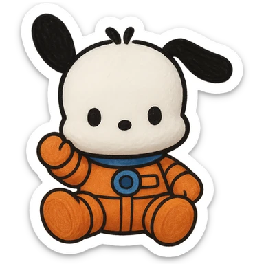 Make Pochacco white with black ears, wearing an orange and blue space suit, keep plushy Popmart doll style, cute and playful, no background. The style should reflect a plushy Popmart doll look, cute and playful. sticker