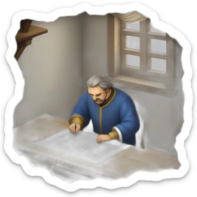 medieval architect working, overseeing a floor plan laid out on a piece of paper sticker