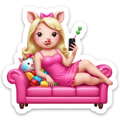 lady pig in neon pink kawaii dress reclining on couch scrolling on an iphone and eating candy in opulence  sticker