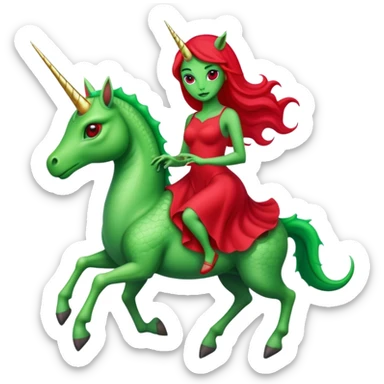 "reptilian green alien woman in red dress", rides unicorn
 sticker