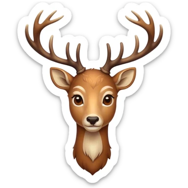 Cinematic Noble Deer Portrait Emoji, Poised and regal, with a graceful, slender build and a dappled Fur of warm browns and creams, elegant antlers crowning its head, deep-set soulful gentle eyes, Simplified yet sharp and sophisticated features, highly detailed, glowing with a soft, dignified glow, high shine, intelligent and serene, stylized with an air of forest majesty, focused and attentive, soft glowing outline, capturing the essence of a watchful woodland guardian, so majestic it feels as though it could gracefully leap out of the screen with effortless authority! sticker