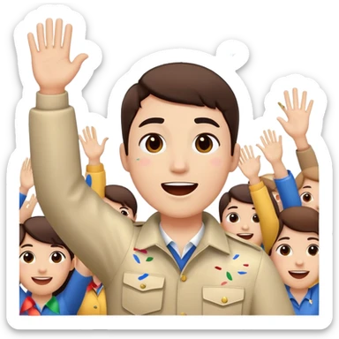 face with hands raised, confetti in the air, cheering at a parade sticker