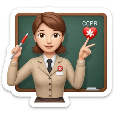 Happy Teacher, female, brown hair up, holding a pointer to a white board with a CPR logo. sticker