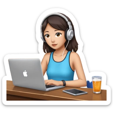 A Korean girl at a dive bar with a laptop and headphones watchin a korean drama sticker
