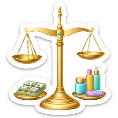 gold scale with dollar bills on one side and beauty products on the other side sticker