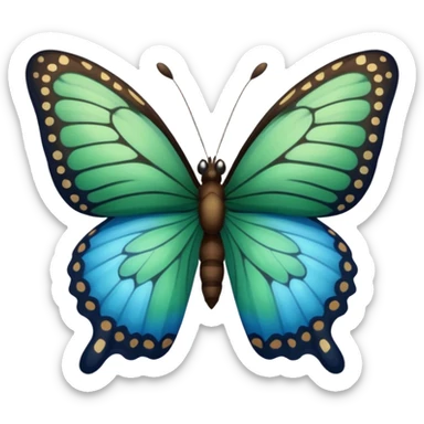 A butterfly with blue edges, green wings, and a black body, Between the wings brown  sticker