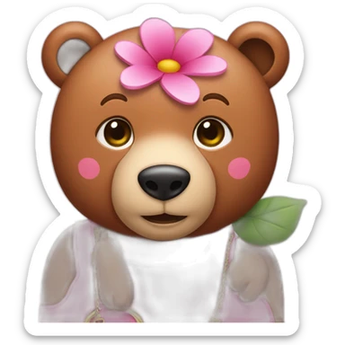 A large pink bear with a pink flower on its head and a brown handbag sticker