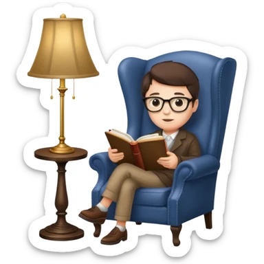 peruse at your leisure, person reading with small glasses in a wingback chair next to a lamp sticker