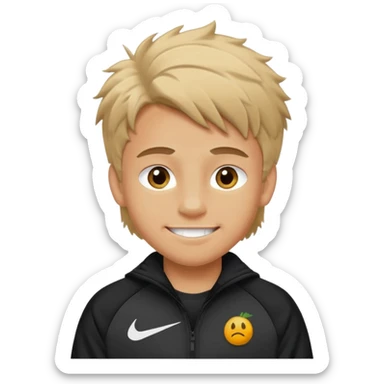make a boy with fluffy dirty blond hair hazel eyes tan white smirky smile and nike tech sticker