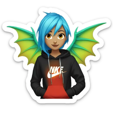 Lady with brunette and iridescent blue hair, gold, lime green dragon wings, black hoodie, bleach dyed, black and gold Nike t shirt, and bright red eyes sticker