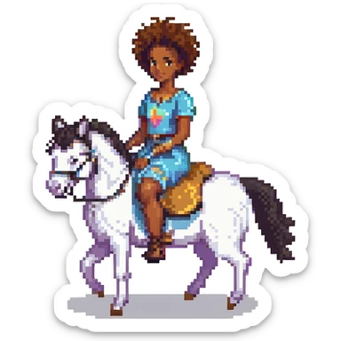 black girl with afro sitting on a white horse, pixel art style sticker