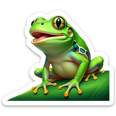 Cinematic Cute Yawning Green Tree Frog Portrait Emoji, Head tilted slightly with a dramatic, wide-open yawn, showcasing a compact, vivid green body with gently drooping eyelids and half-closed, drowsy eyes, Simplified yet irresistibly adorable features, highly detailed, glowing with a soft, cozy jungle glow, high shine, relaxed yet expressive, stylized with a dash of whimsical amphibian charm, soft glowing outline, capturing the essence of a drowsy yet affectionate green tree frog that appears ready to stretch out for a nap! sticker