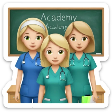 3 different nurses, wearing green and blue work clothes, in a classroom, "Academy" written in white on board sticker