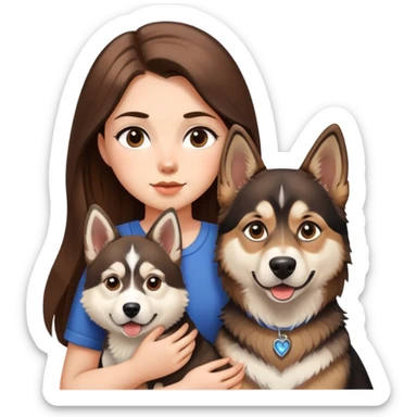 girl with long brown hair holding a german shepherd and a husky sticker