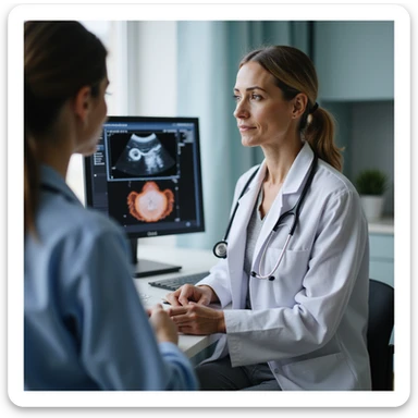 woman in gynecological clinic, doctor showing ultrasound with inflamed endometrium, professional atmosphere, realistic details, medical office background sticker