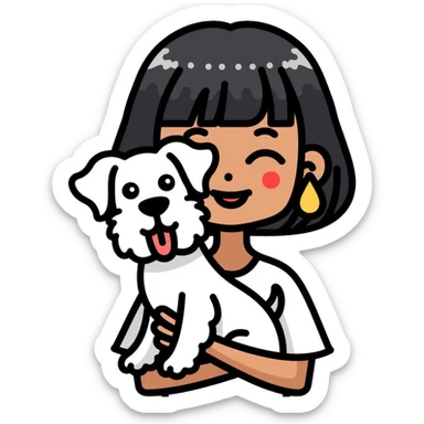 Black girl with short bangs holding a white schnauzer dog sticker