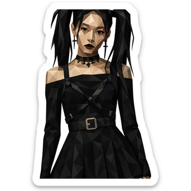 K-pop inspired gothic girl, polygonal style, geometric shapes, dark color palette, stylish stage outfit sticker