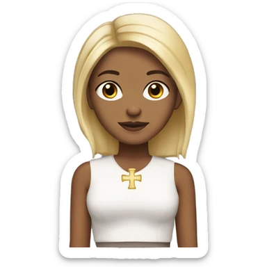 Blonde, short straight hair, brown eyes, wearing cross earrings sticker
