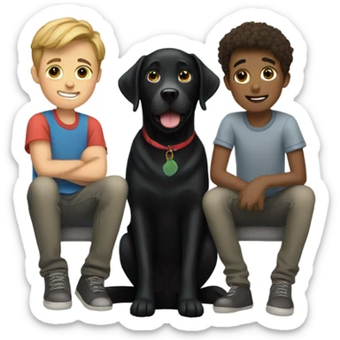 Black Labrador with two white teenage boys both with brown hair  sticker