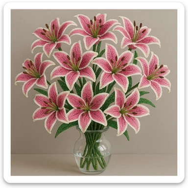 a dozen french beaded pink stargazer lilies in a clear glass vase, intricate beadwork, vibrant pink petals with white edges, green stems, realistic floral arrangement, elegant and detailed sticker