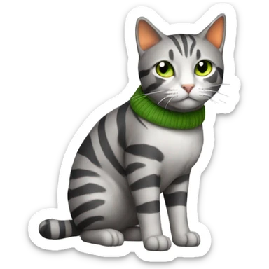 A striped grey cat with green eyes with orange sweater in full growth sticker