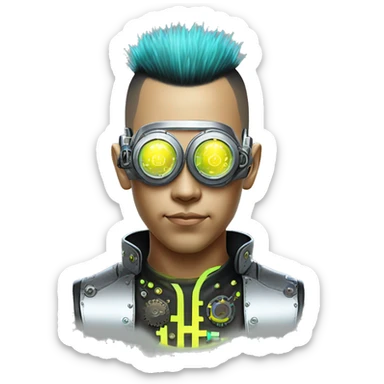Neon yellow Mohawk hair Asian male cyborg head with silver steampunk goggles and circuits sticker