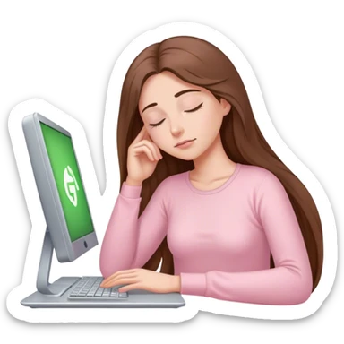 pretty woman with very long brown hair and green eyes and light pink outfit sleeping working on a computer sticker