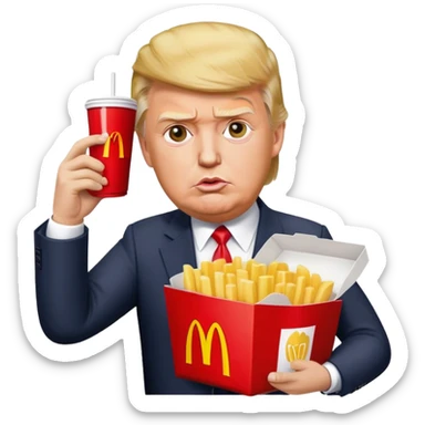 Donal trump getting shot in the ear photo, but he is holding a pack of macdonalds in his hand that he lifts up in the original photo sticker