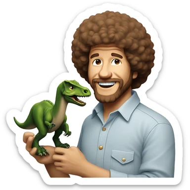 Bob Ross holding a dinosaur sticker