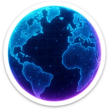 Create a globe in a cyberpunk, holographic style with glowing neon blue and pink edges, circuit patterns throughout the entire globe, and a transparent background. The globe should look futuristic and clean, with a consistent cyberpunk glow and intricate circuit details. sticker