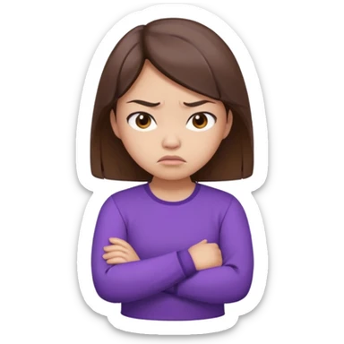 Angry Pouty girl with small asian eyes folding arms in a purple longsleeve shirt she has fair skin and brown hair sticker