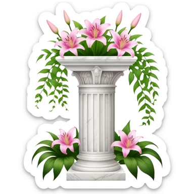White tall marble pedestal with vines growing on it and pink lilies, beautiful romantic scenery  sticker