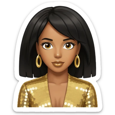 Kelly Rowland from Destiny's Child with black hair, gold outfit sticker