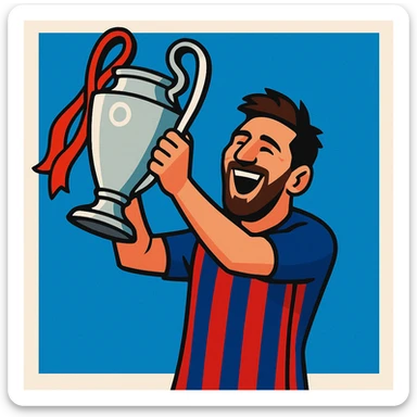 Lionel Messi celebrating with the Champions League trophy, vibrant and joyful illustration style, simple background sticker