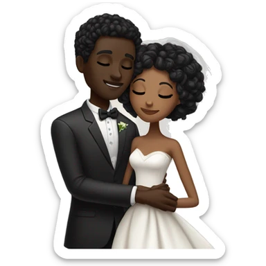 African Bride and Groom. Dark Brown skin. Black long curly hair. Short black haircut. Hugging each other. Eyes closed. sticker