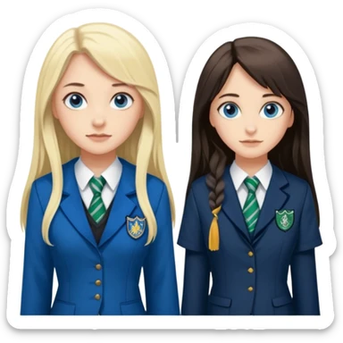 a pretty ravenclaw girl with long dark brown hair and blue eyes standing with a hot Slytherin girl with long blonde hair, blue eyes and big boobs  sticker